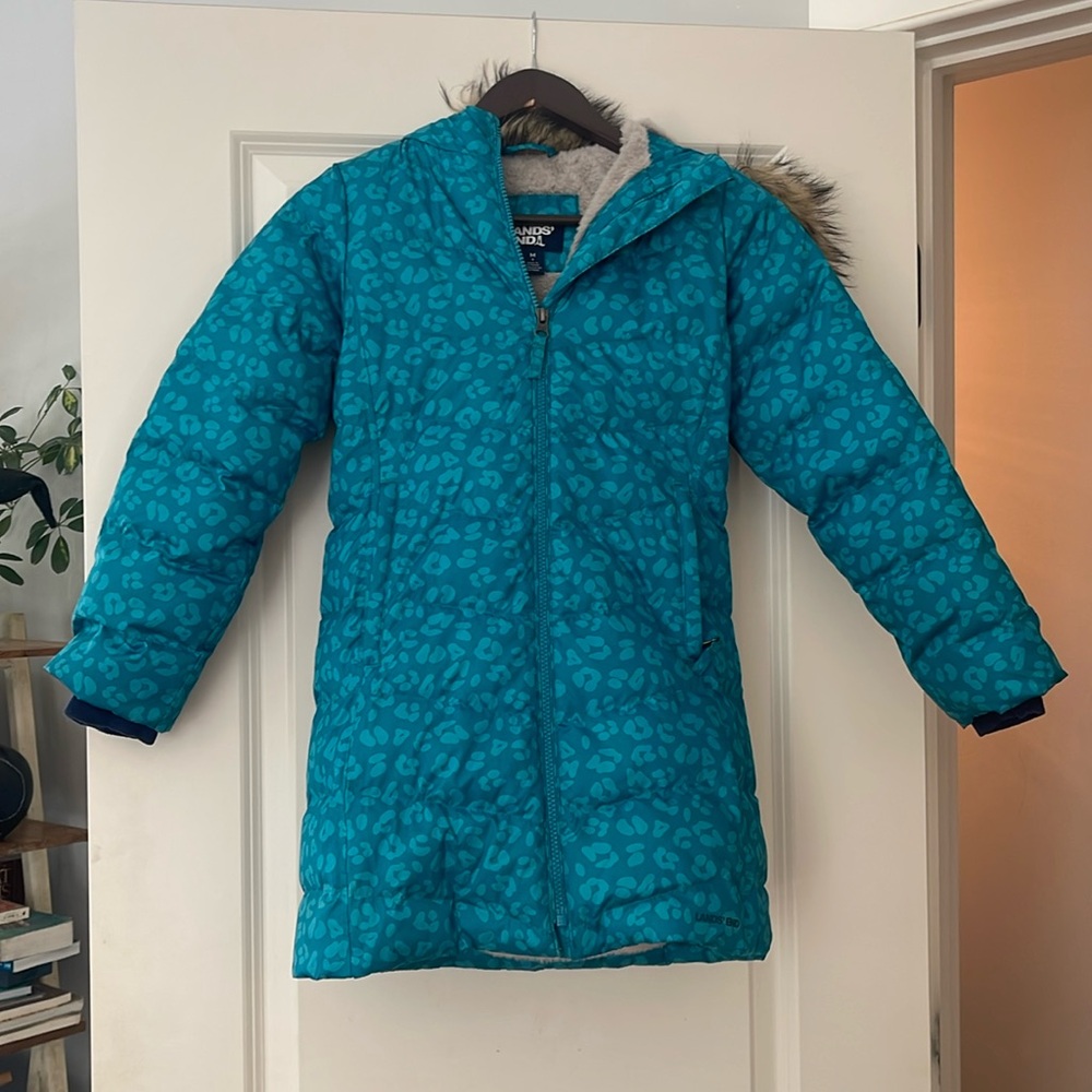 Girls Land’s End fur lined winter coat.  Sz 8 Teal with leopard print. Like new.